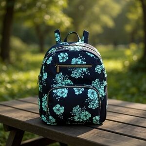 Teal Blue Floral & Black Dual Strap Backpack